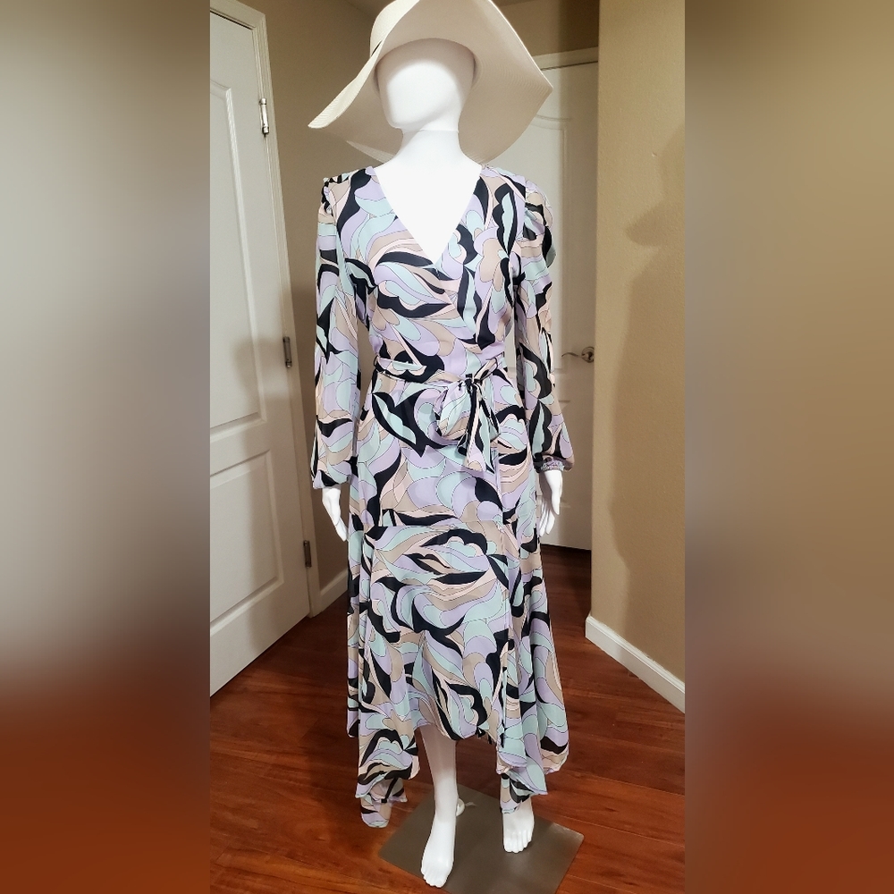 Calvin klein printed puff shoulder midi wrap dress ☆new with tags☆